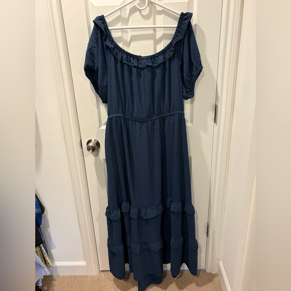 Lane Bryant Maxi Dress 24 Blue Swiss Dot Ruffle Tiered Off-Shoulder - Picture 4 of 7